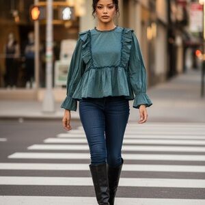 POL Sz Small 100% Cotton Teal Long Sleeve Blouse NWOT Ruffle accent